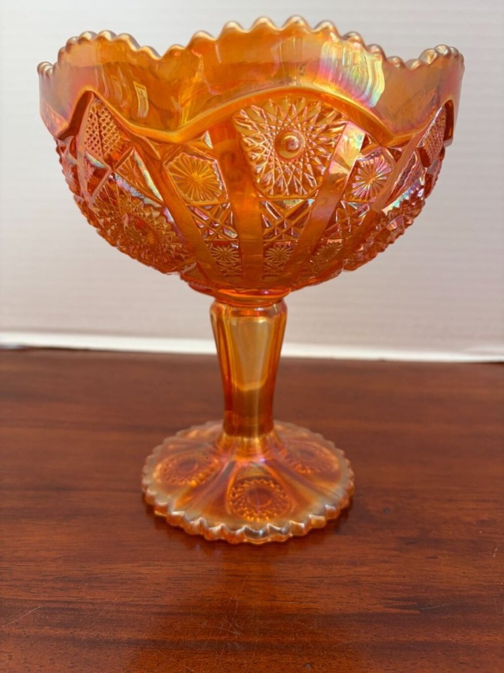 Imperial Glass Marigold Carnival Glass Hobstar Pedestal Compote